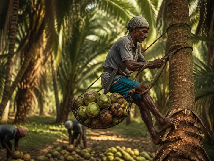 Sri Lankan workers harvesting coconuts on a lush tropical farm