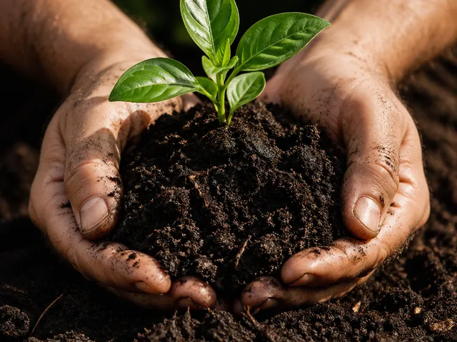 Hands holding rich organic compost with a plant seedling