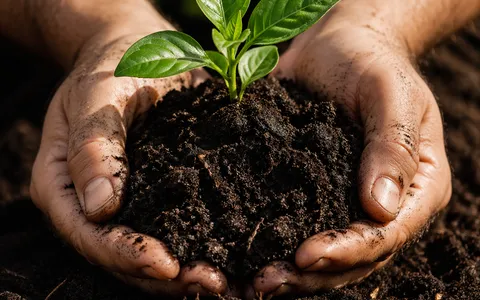 Hands holding rich organic compost with a plant seedling