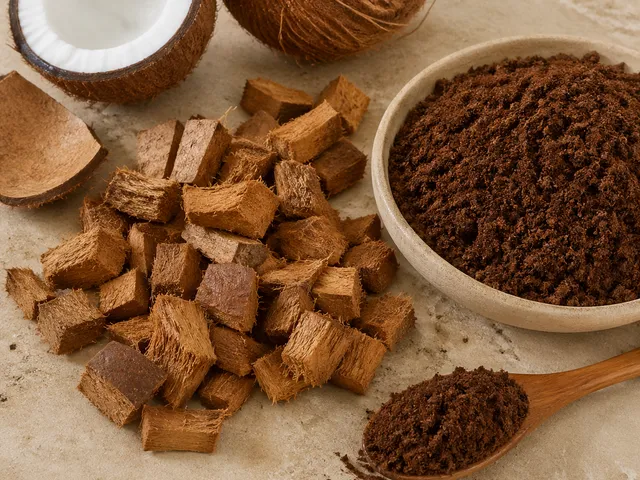 Coconut husk chips and coco peat arranged on a stone surface