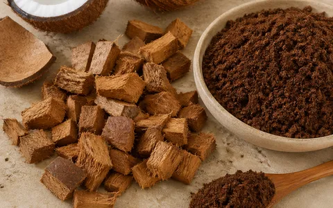 Coconut husk chips and coco peat in a bowl